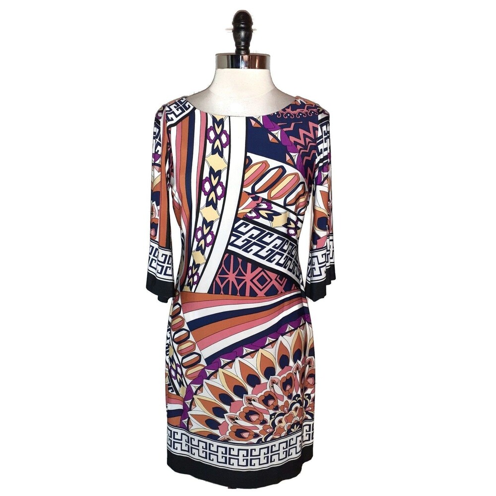 EN FOCUS STUDIO Size 10 Shift Dress Black Orange White Floral 3/4 Sleeve Stretch